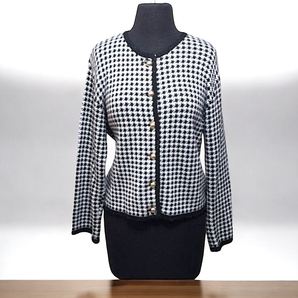 Liz Claiborne Houndstooth Cardigan Gold Buttons Black Piping Size LP Corpcore